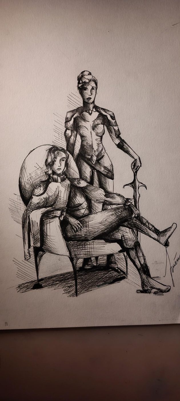 Illustration: Figur im Sessel, dahinter eine stehende Frau